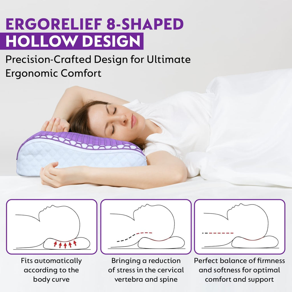 Cooling Gel Memory Foam Pillow for Neck & Head Support, Orthopedic Support with Hexagonal TPE Grid Layer, Neck & Shoulder Comfort, Soft Zippered Removable Washable Cover, 19x12 in, Purple