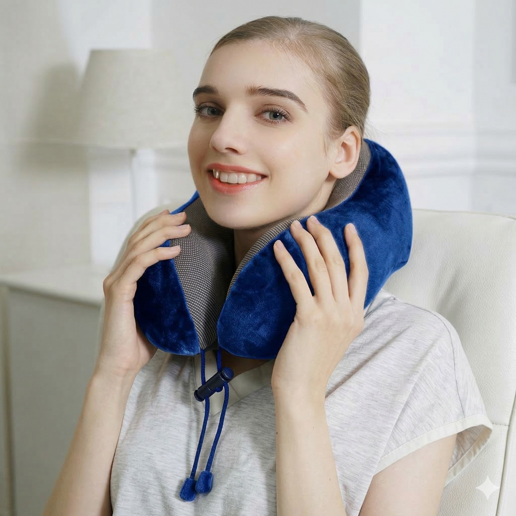 Memory Foam Travel Neck Pillow – U Shape Head & Neck Support Cushion for Airplane, Car & Office – Soft Washable Cover (Black & Blue)