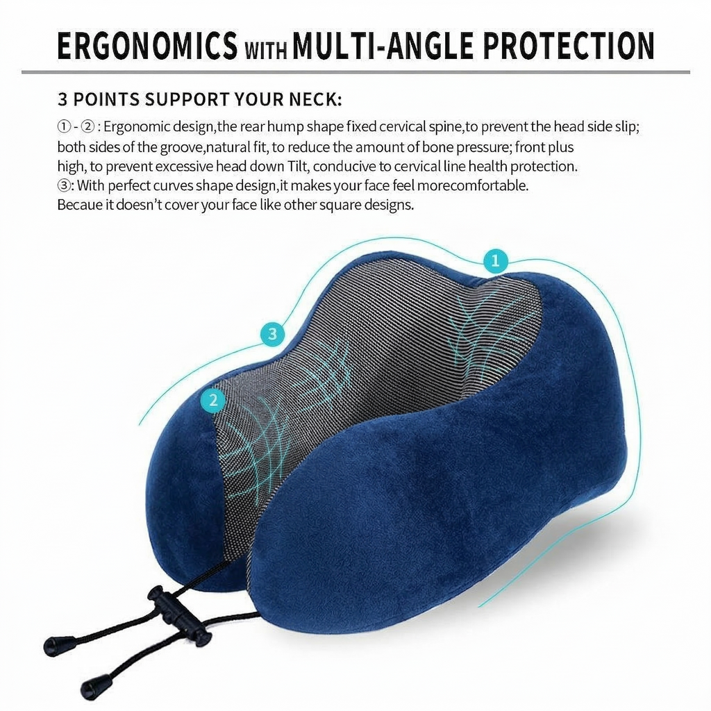 Memory Foam Travel Neck Pillow – U Shape Head & Neck Support Cushion for Airplane, Car & Office – Soft Washable Cover (Black & Blue)