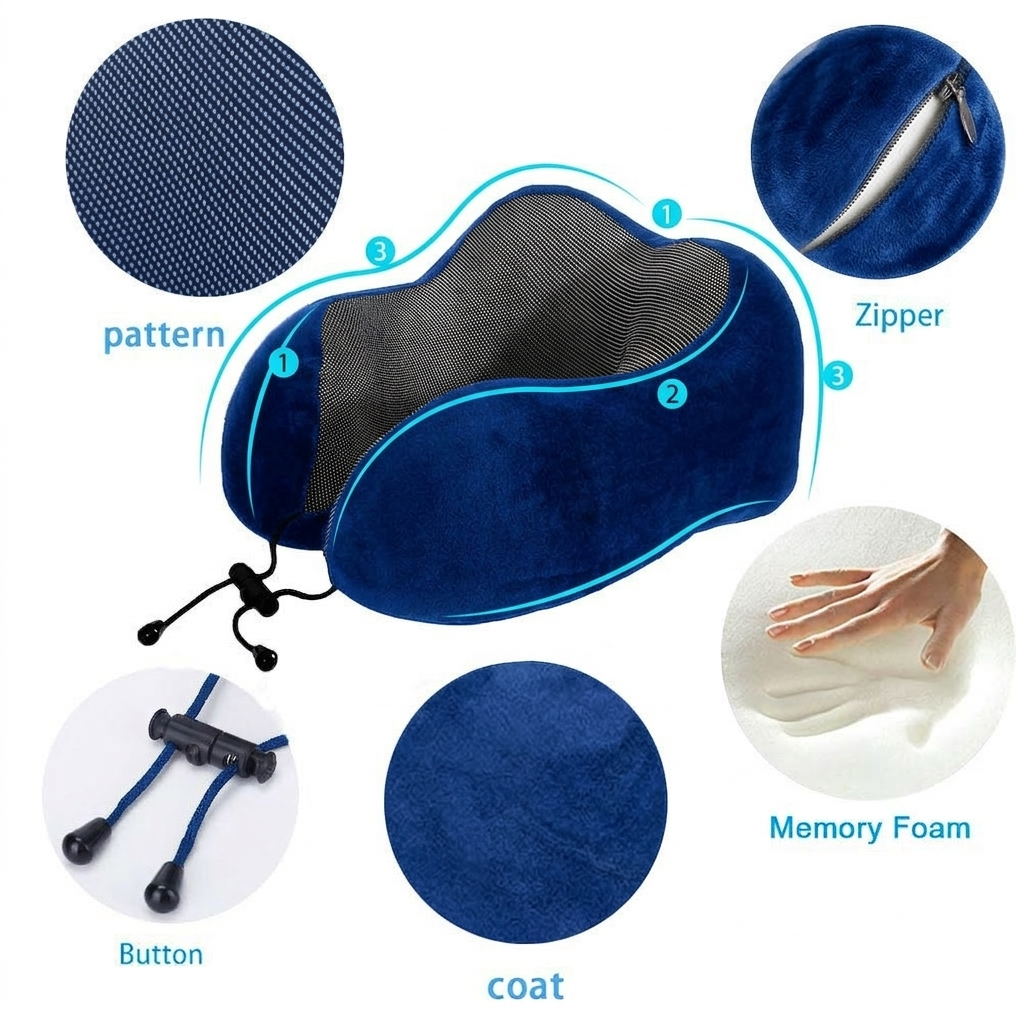 Memory Foam Travel Neck Pillow – U Shape Head & Neck Support Cushion for Airplane, Car & Office – Soft Washable Cover (Black & Blue)