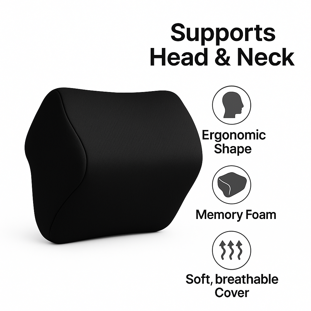 Car Neck Support Pillow – Memory Foam Headrest Cushion for Driving Comfort | Ergonomic Cervical Support Pad for Car Seat (Black)
