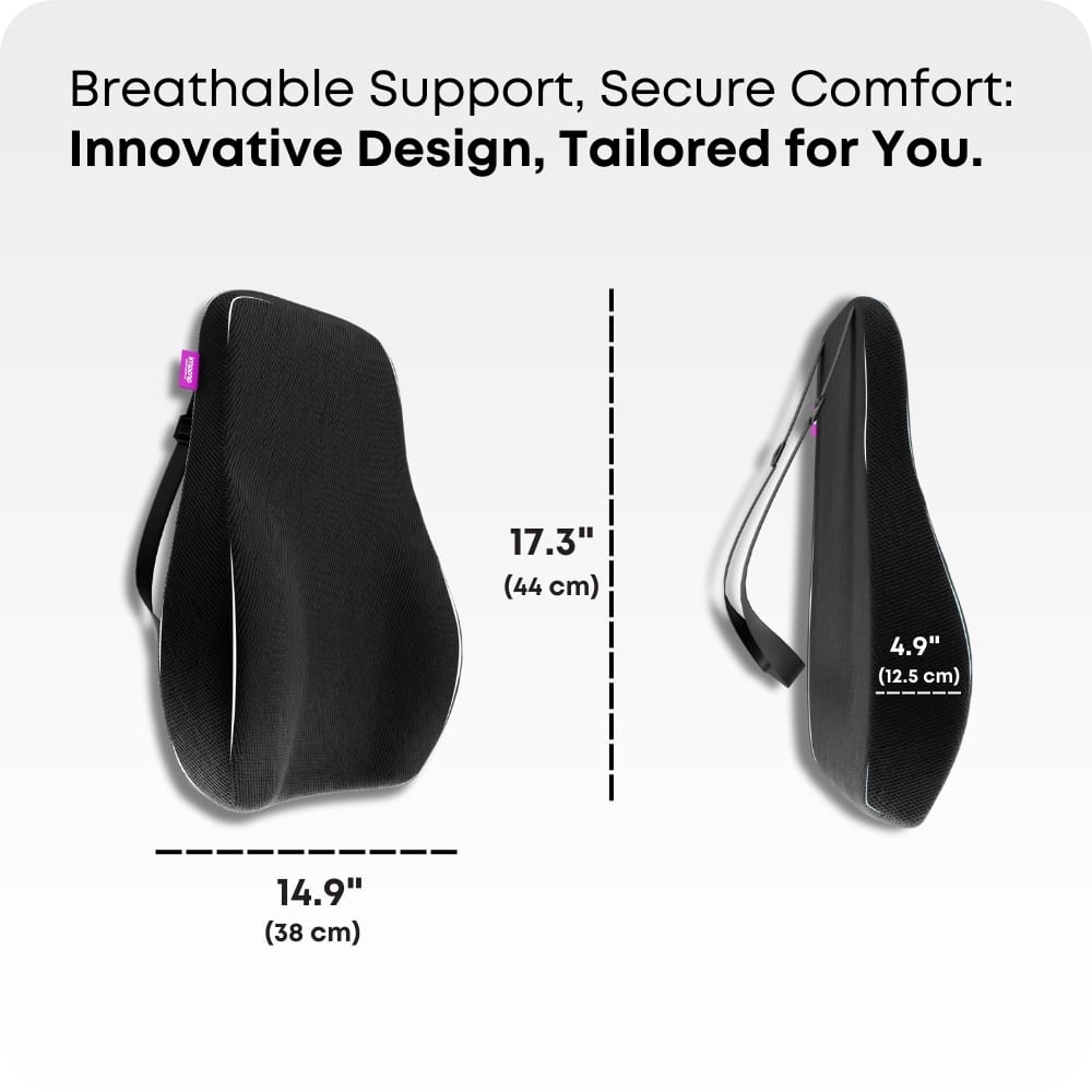 Lumbar Support Cushion for Car Seat, Black with White Piping, Adjustable Straps, Ergonomic Back Support