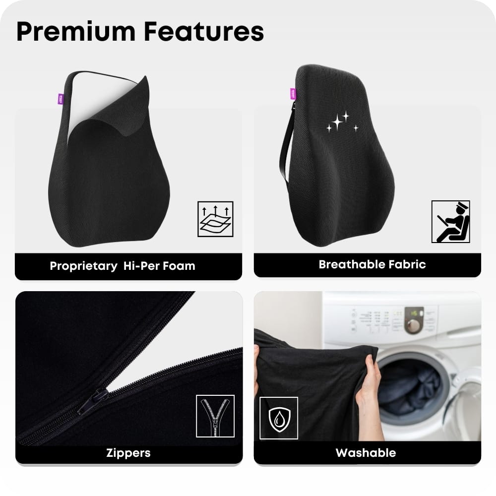 Lumbar Support Cushion for Car Seat, Black with White Piping, Adjustable Straps, Ergonomic Back Support