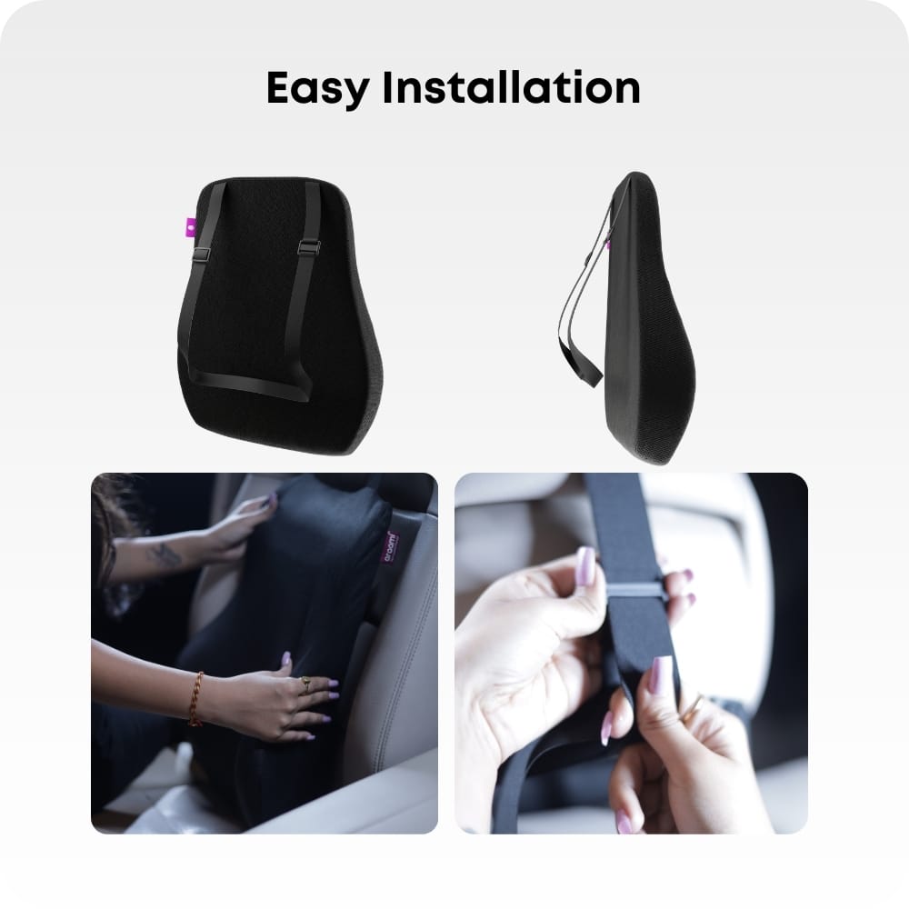 Lumbar Support Cushion for Car Seat, Black with White Piping, Adjustable Straps, Ergonomic Back Support