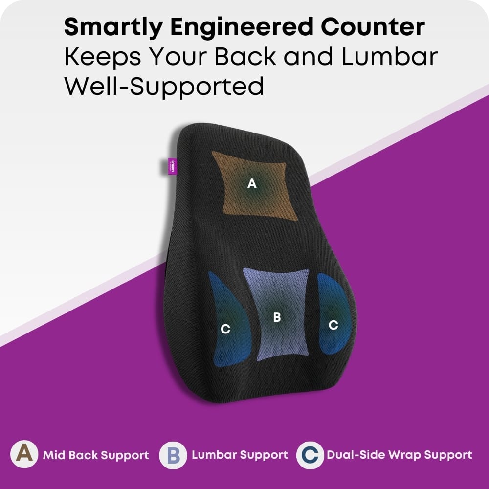 Lumbar Support Cushion for Car Seat, Black with White Piping, Adjustable Straps, Ergonomic Back Support