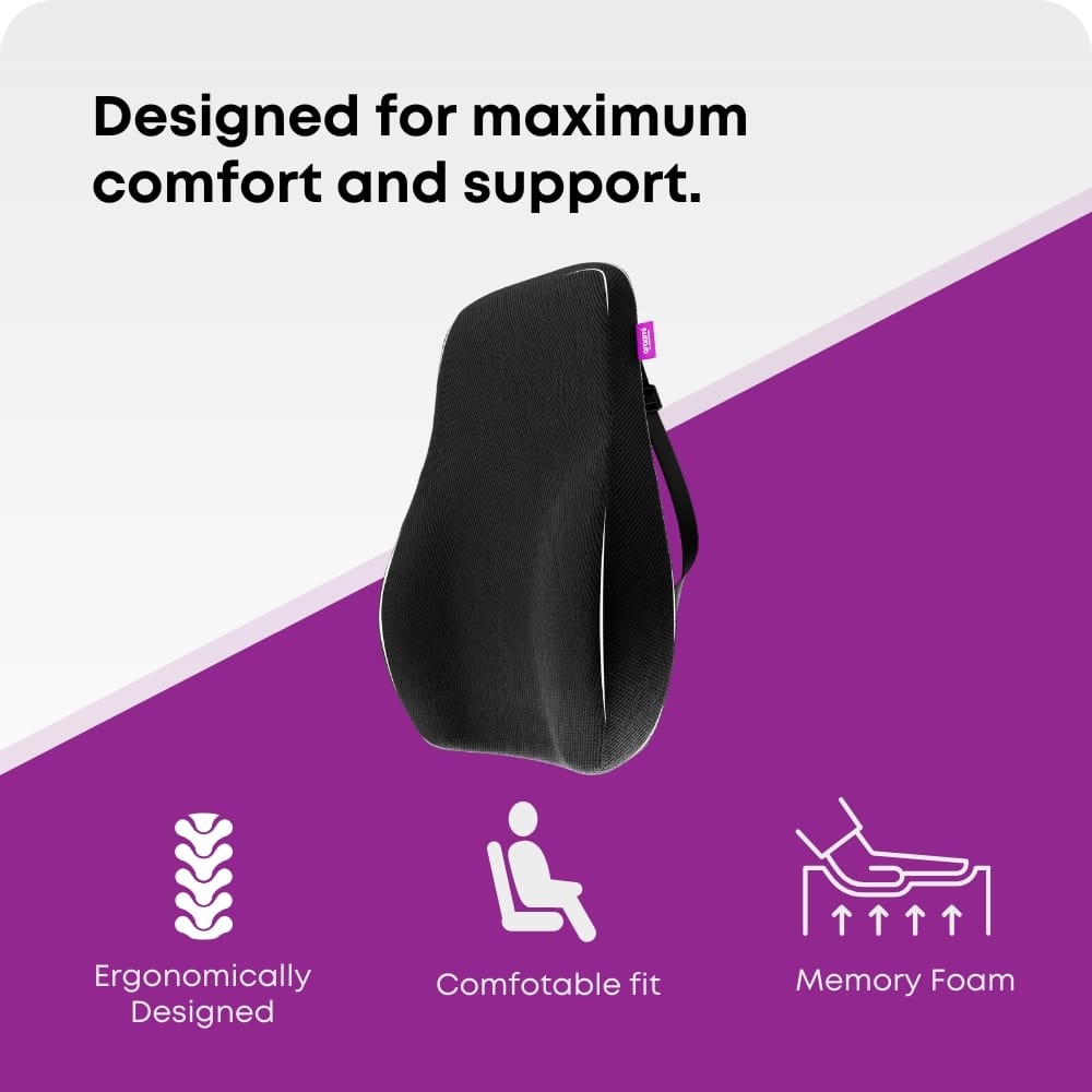 Lumbar Support Cushion for Car Seat, Black with White Piping, Adjustable Straps, Ergonomic Back Support