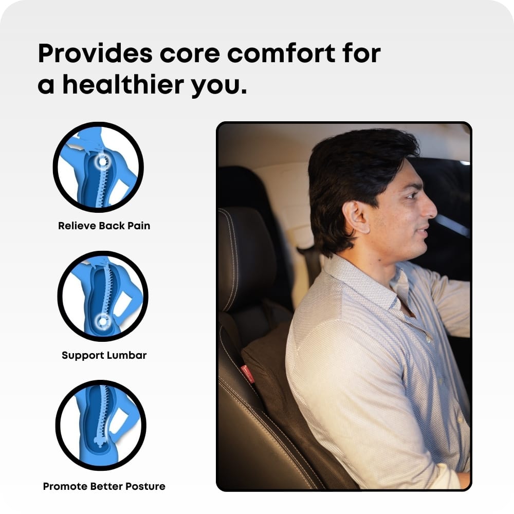 Lumbar Support Cushion for Car Seat, Black with White Piping, Adjustable Straps, Ergonomic Back Support