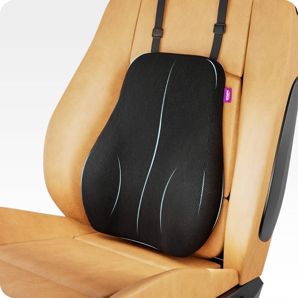 Lumbar Support Cushion for Car Seat, Black with White Piping, Adjustable Straps, Ergonomic Back Support
