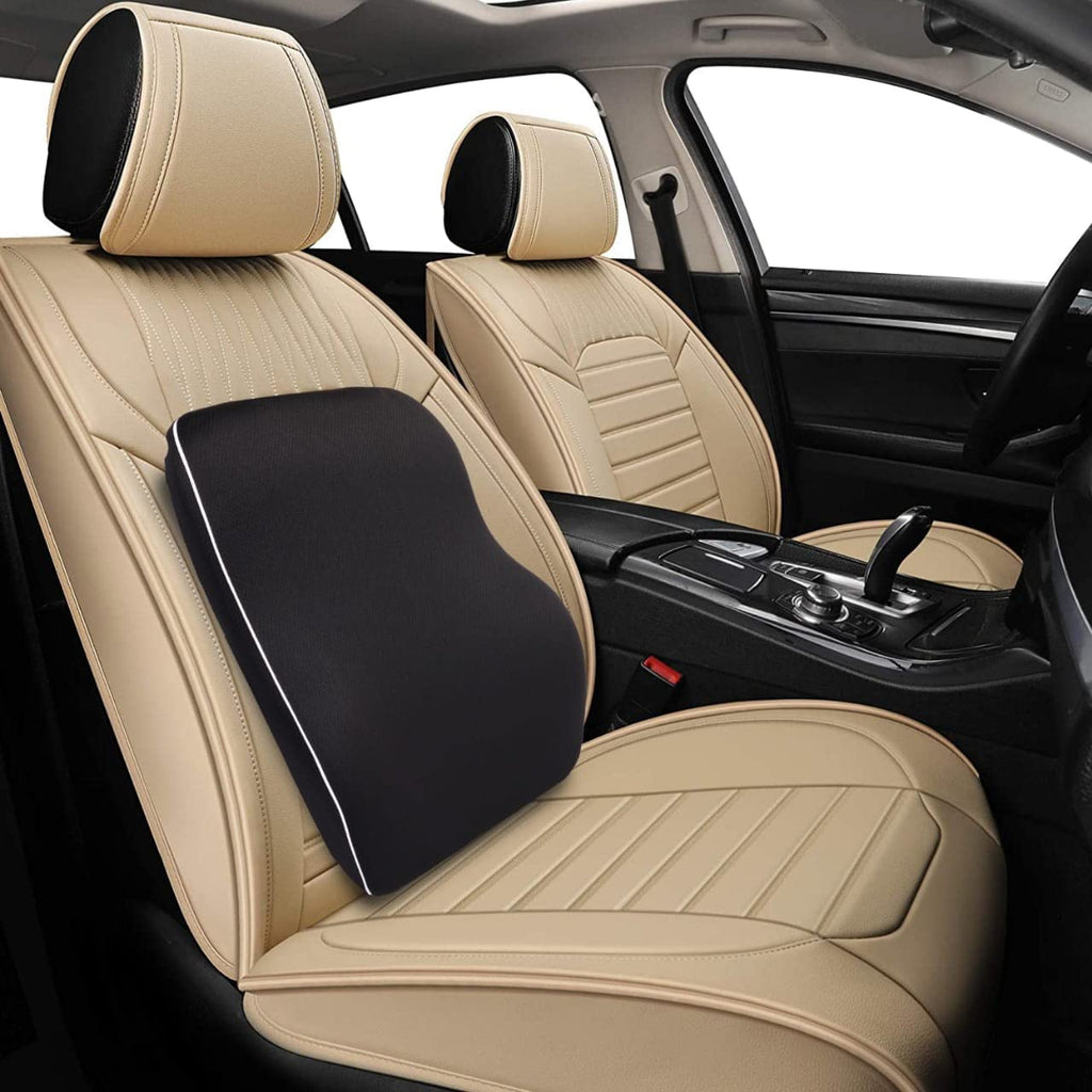 Lumbar Support Cushion for Car Seat, Black with White Piping, Adjustable Straps, Ergonomic Back Support