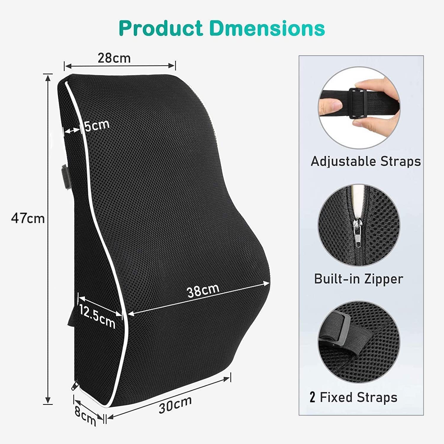 Lumbar Support Cushion for Car Seat, Black with White Piping, Adjustable Straps, Ergonomic Back Support
