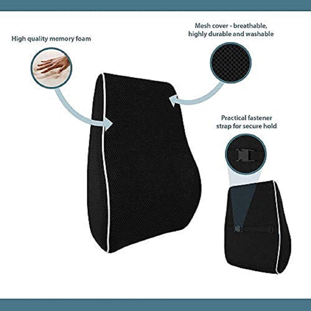 Lumbar Support Cushion for Car Seat, Black with White Piping, Adjustable Straps, Ergonomic Back Support