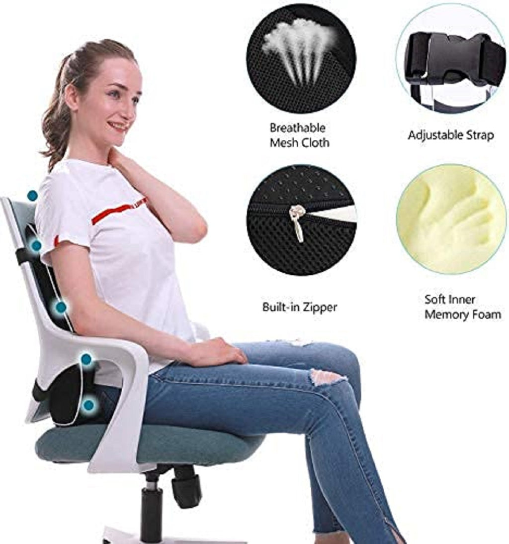 Lumbar Support Cushion for Car Seat, Black with White Piping, Adjustable Straps, Ergonomic Back Support