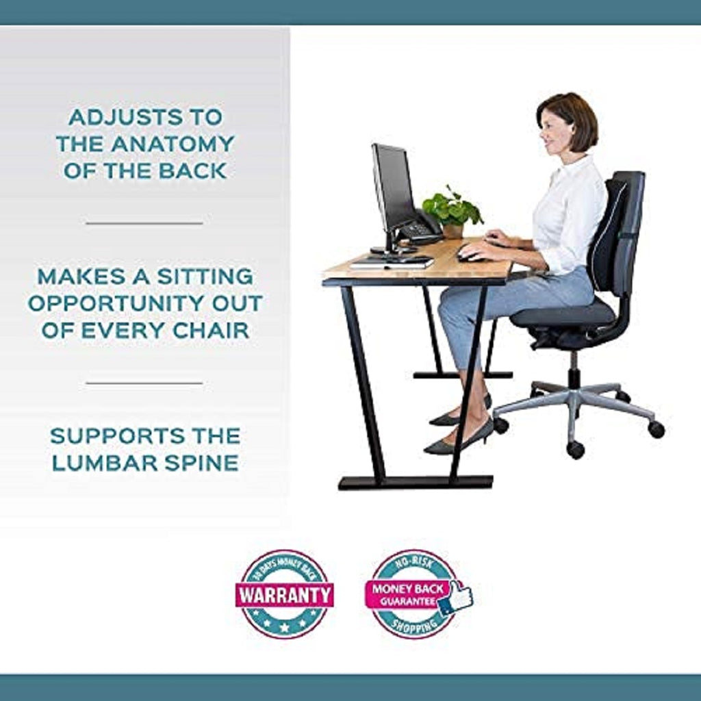 Lumbar Support Cushion for Car Seat, Black with White Piping, Adjustable Straps, Ergonomic Back Support