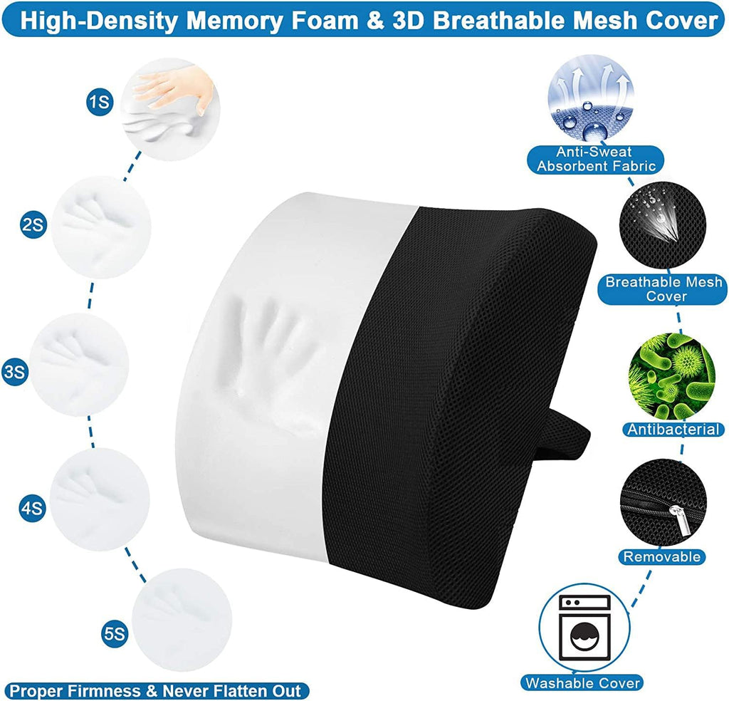 Car Lumbar Support Pillow for Seat – Memory Foam Lower Back Cushion for Back Pain Relief – Ergonomic Back Support Pad for Car, Office Chair & Travel