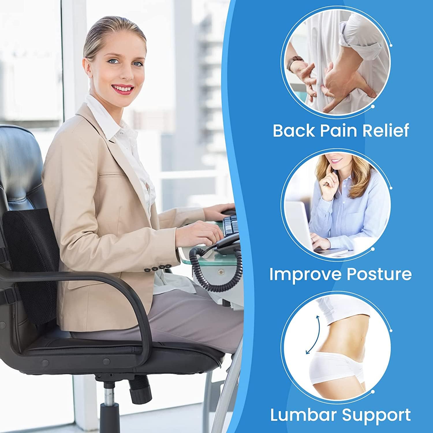 Car Lumbar Support Pillow for Seat – Memory Foam Lower Back Cushion for Back Pain Relief – Ergonomic Back Support Pad for Car, Office Chair & Travel