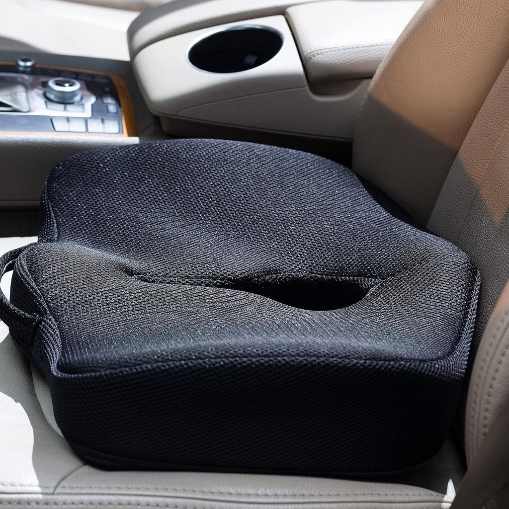 Orthopedic Coccyx Seat Cushion for Office Chair, Tailbone Pain Relief Memory Foam Cushion with Cut-Out Design, Black and Gray