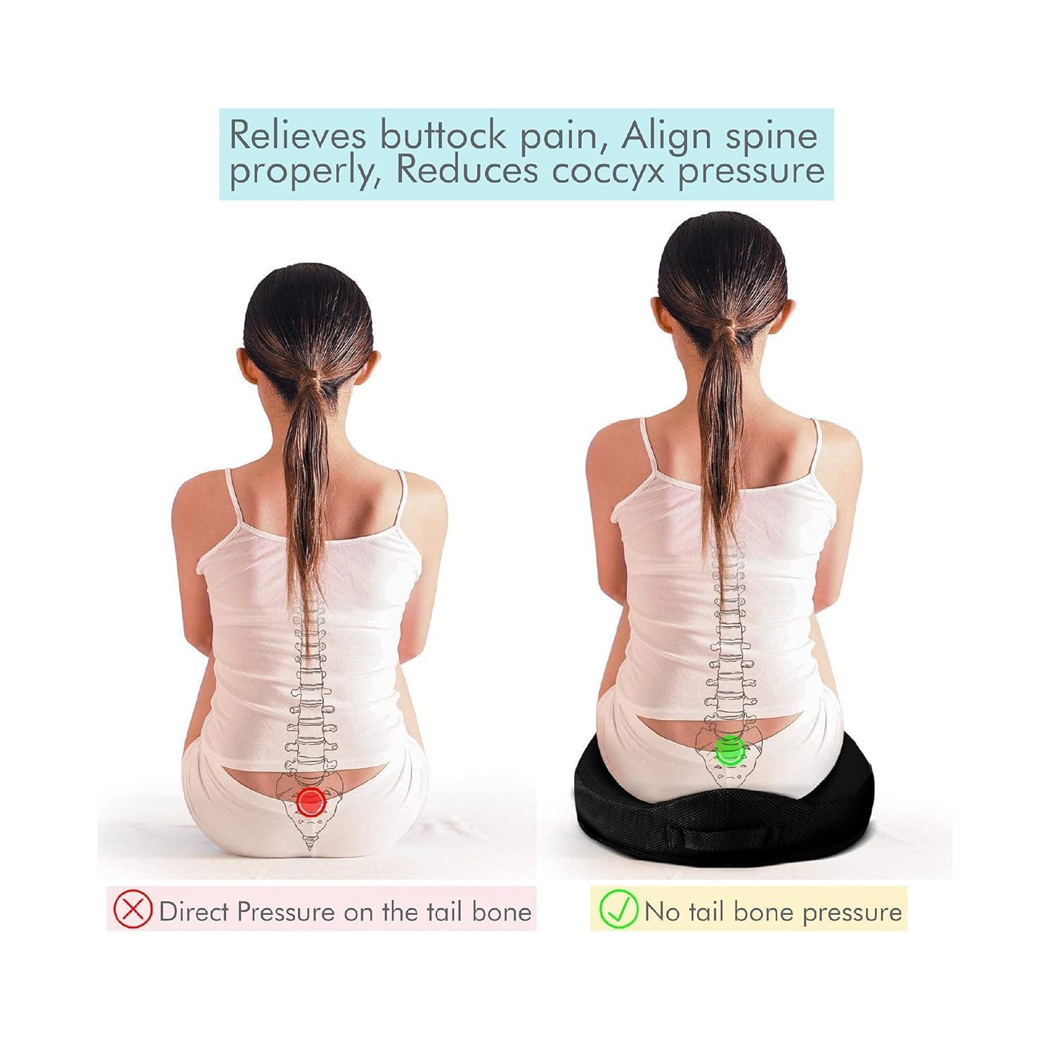 Orthopedic Coccyx Seat Cushion for Office Chair, Tailbone Pain Relief Memory Foam Cushion with Cut-Out Design, Black and Gray