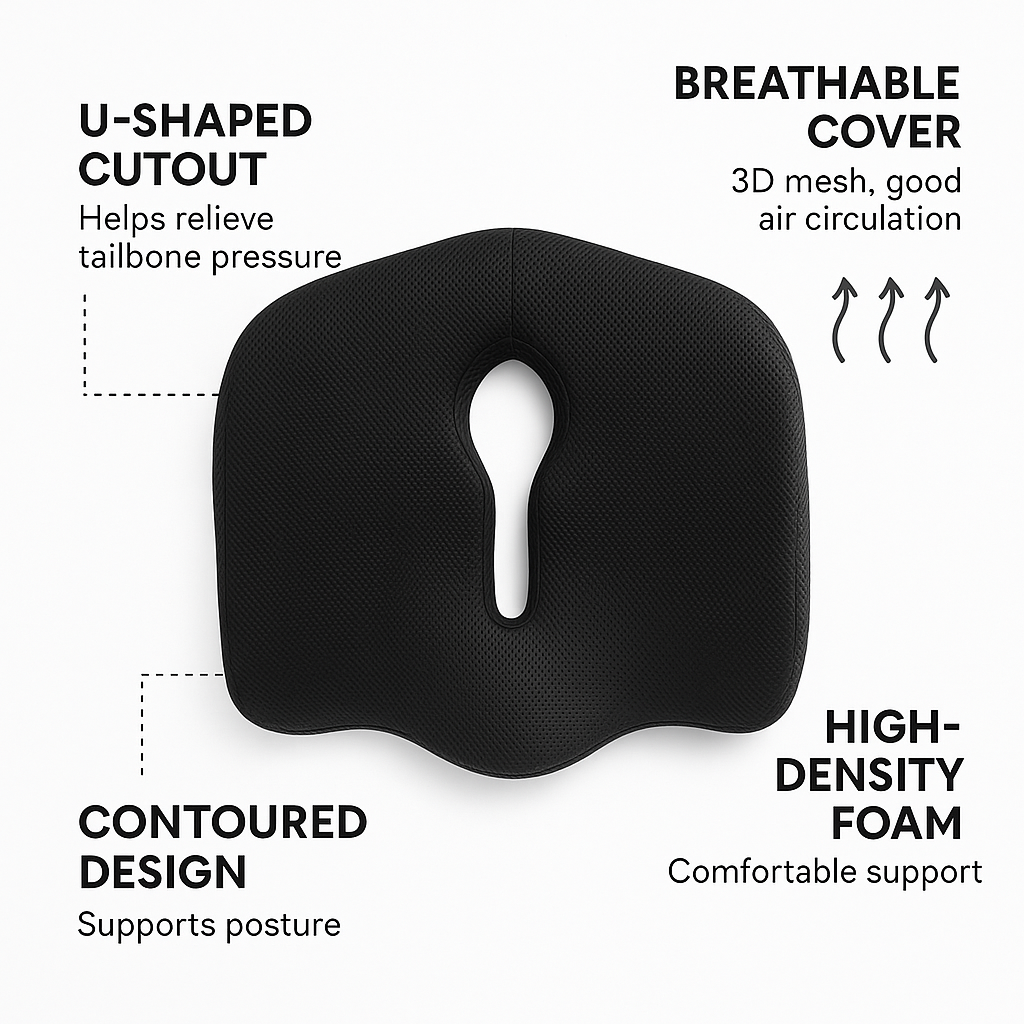 Orthopedic Coccyx Seat Cushion for Office Chair, Tailbone Pain Relief Memory Foam Cushion with Cut-Out Design, Black and Gray