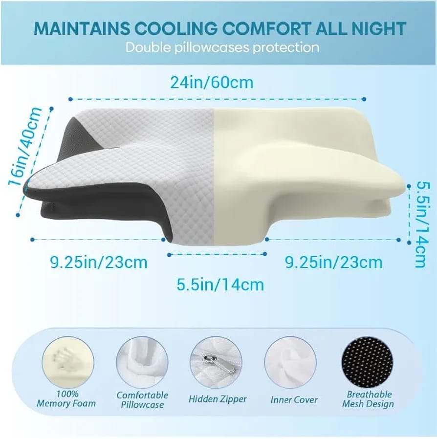 Ergonomic Cervical Pillow for Sleeping, Orthopedic Memory Foam Pillow for Neck, Head & Arm Support