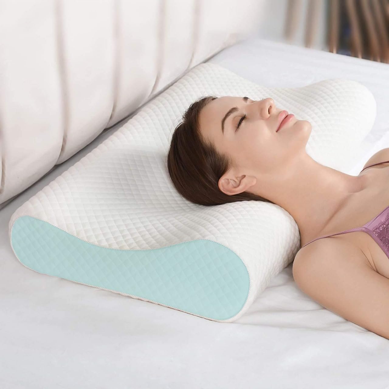 Memory Foam Pillow, Contour Cervical Orthopedic Memory Foam Pillows Supports Neck Pain and Shoulder Pain for Sleeping, Ergonomic Cervical Pillow Neck Support Pillow for Side Back(Sky Blue)