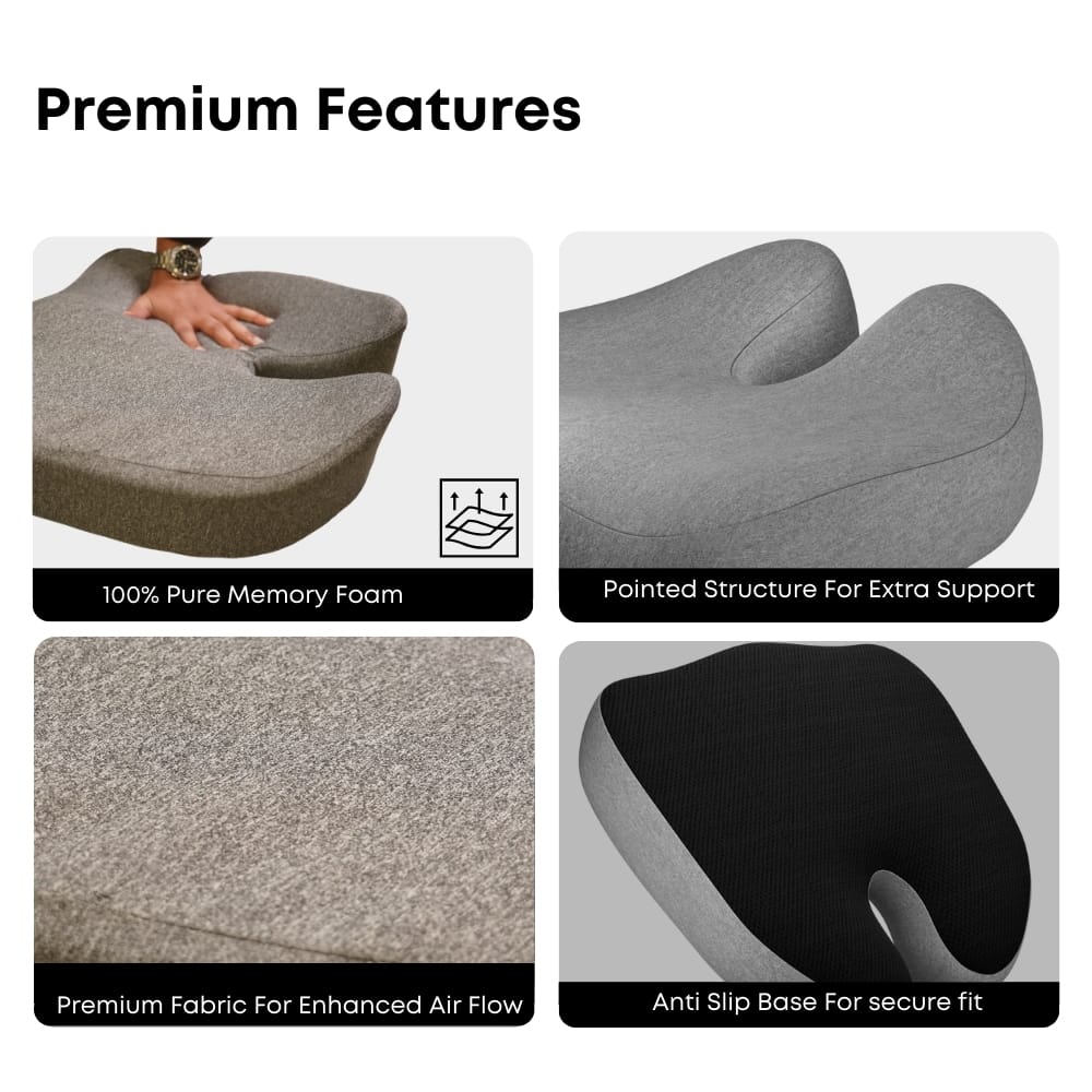 Orthopedic Memory Foam Seat Cushion for Office Chair & Yoga – Ergonomic Coccyx & Tailbone Support(Black, Grey)