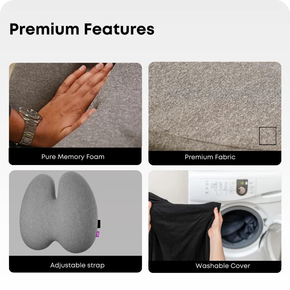 Orthopedic Coccyx Seat Cushion – Memory Foam Tailbone Support Pillow for Office Chair, Car & Home (Grey, Black)