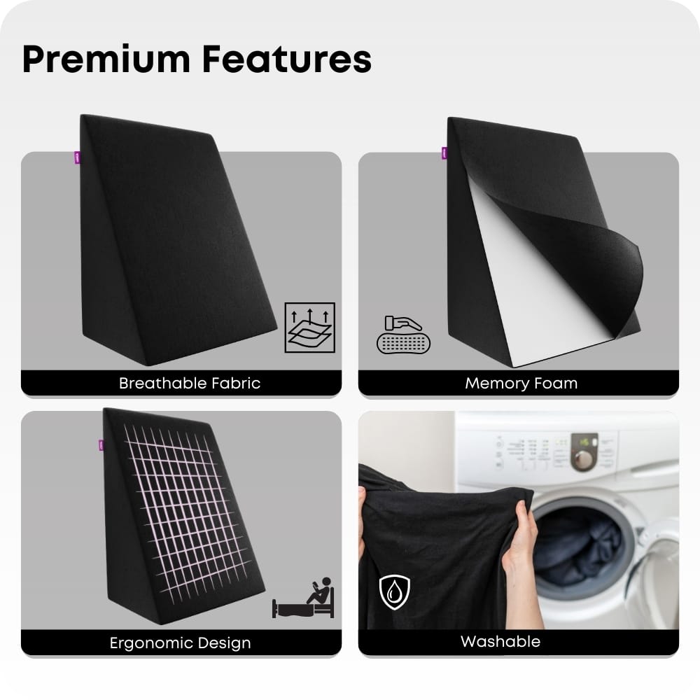 Back Support Wedge Pillow for Bed – Orthopedic Foam Backrest Cushion for Sitting, Reading & Relaxing (Black)
