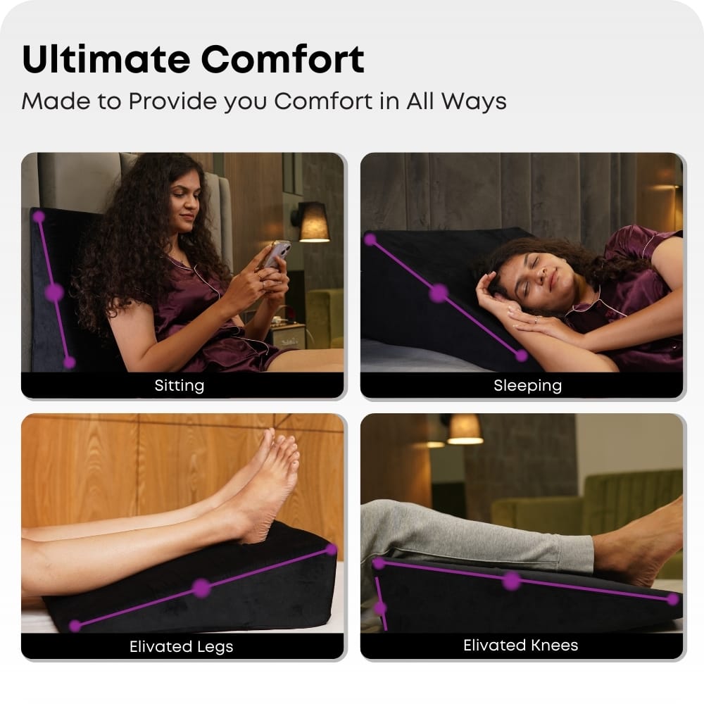 Back Support Wedge Pillow for Bed – Orthopedic Foam Backrest Cushion for Sitting, Reading & Relaxing (Black)