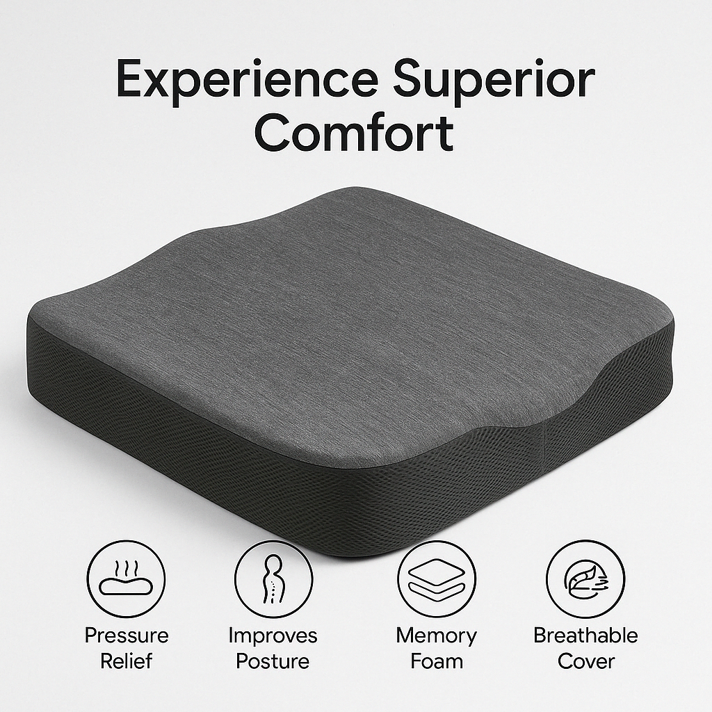 Orthopedic Memory Foam Seat Cushion – Ergonomic Chair Cushion for Office Chair, Car & Home (Black, Grey)