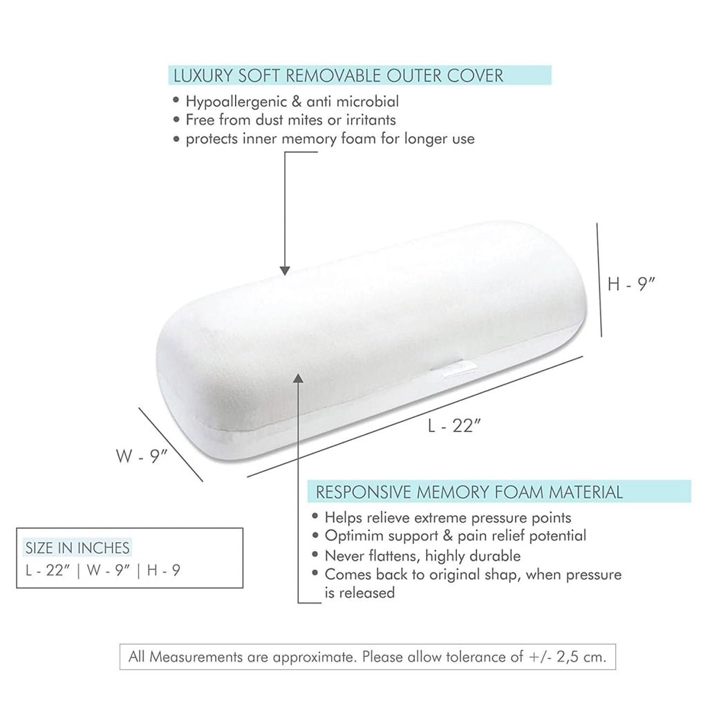Memory Foam Bolster Pillow for Neck & Back Support | Cylindrical Round Roll Cushion | Orthopedic Sleeping Pillow for Bed, Sofa & Leg Support (White)