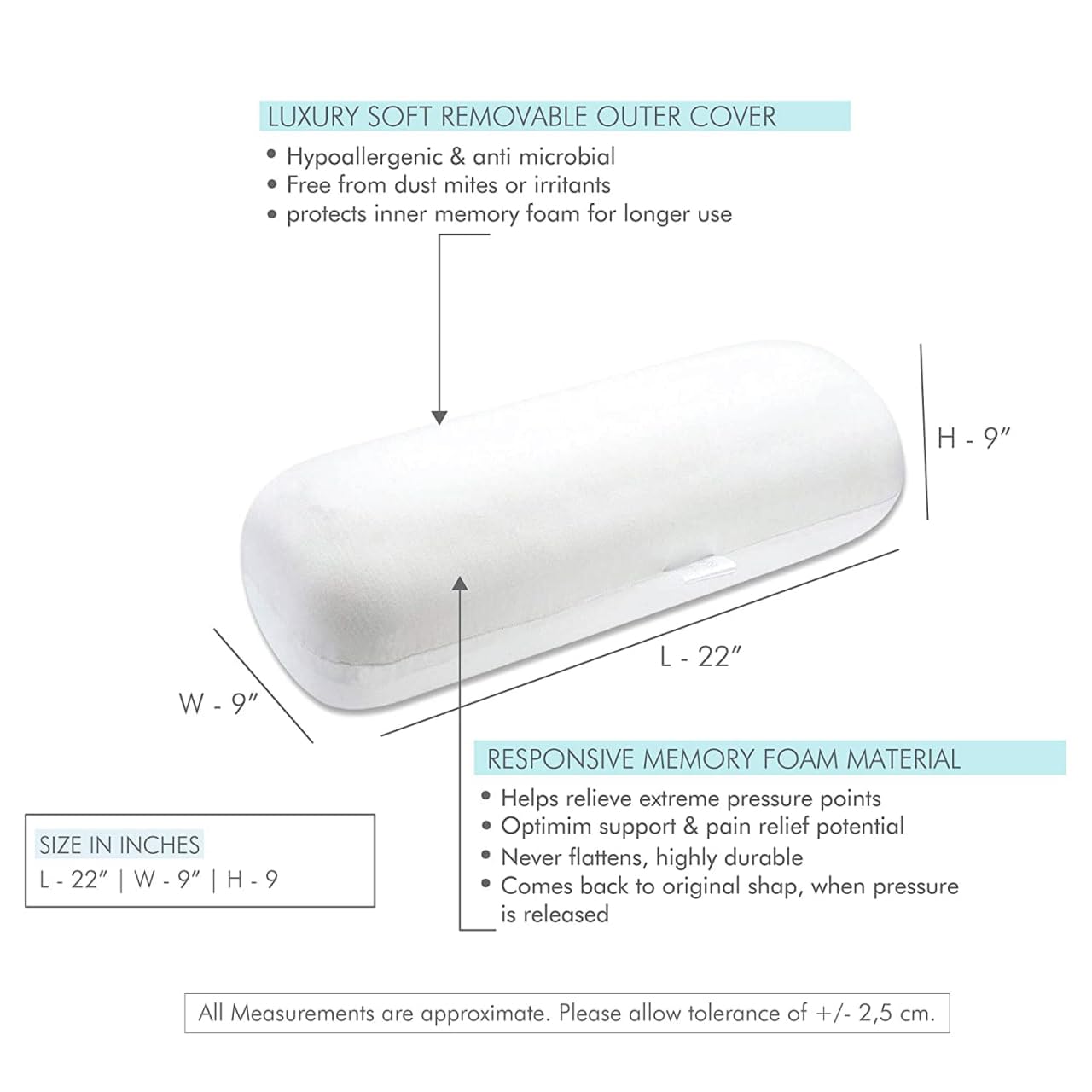 Memory Foam Bolster Pillow for Neck & Back Support | Cylindrical Round Roll Cushion | Orthopedic Sleeping Pillow for Bed, Sofa & Leg Support (White)