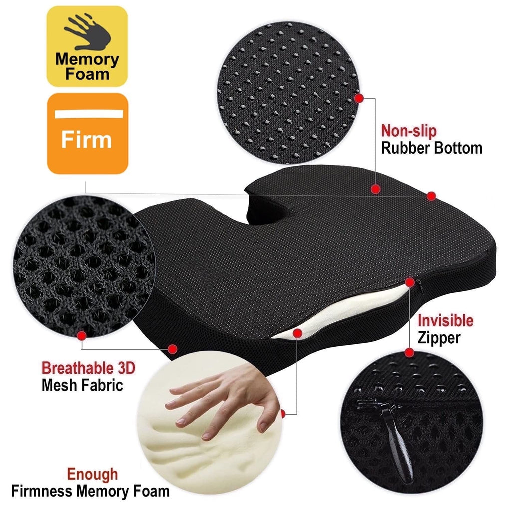 Orthopedic Memory Foam Seat Cushion for Tailbone Pain Relief | Coccyx Support Chair Pad | U-Shape Sciatica & Back Support Cushion for Office Chair, Car & Home (Black)