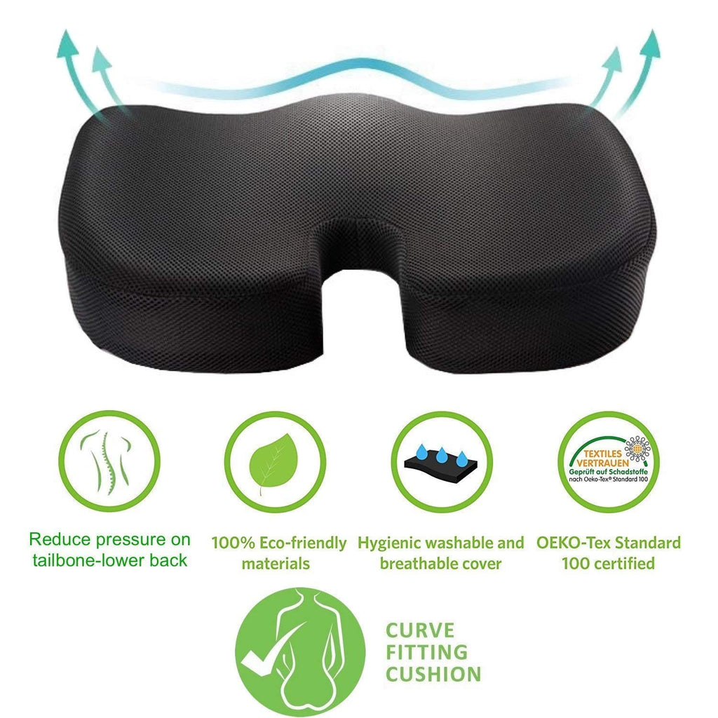 Orthopedic Memory Foam Seat Cushion for Tailbone Pain Relief | Coccyx Support Chair Pad | U-Shape Sciatica & Back Support Cushion for Office Chair, Car & Home (Black)