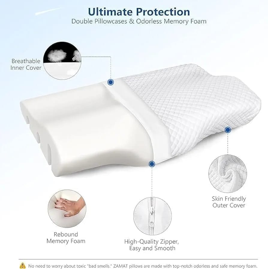 Memory Foam Pillow Contour Cervical Orthopedic Supports Neck Pain and Shoulder Pain for Sleeping, Ergonomic Cervical Pillow Neck Support Pillow for Side Back (Curv-Sky)