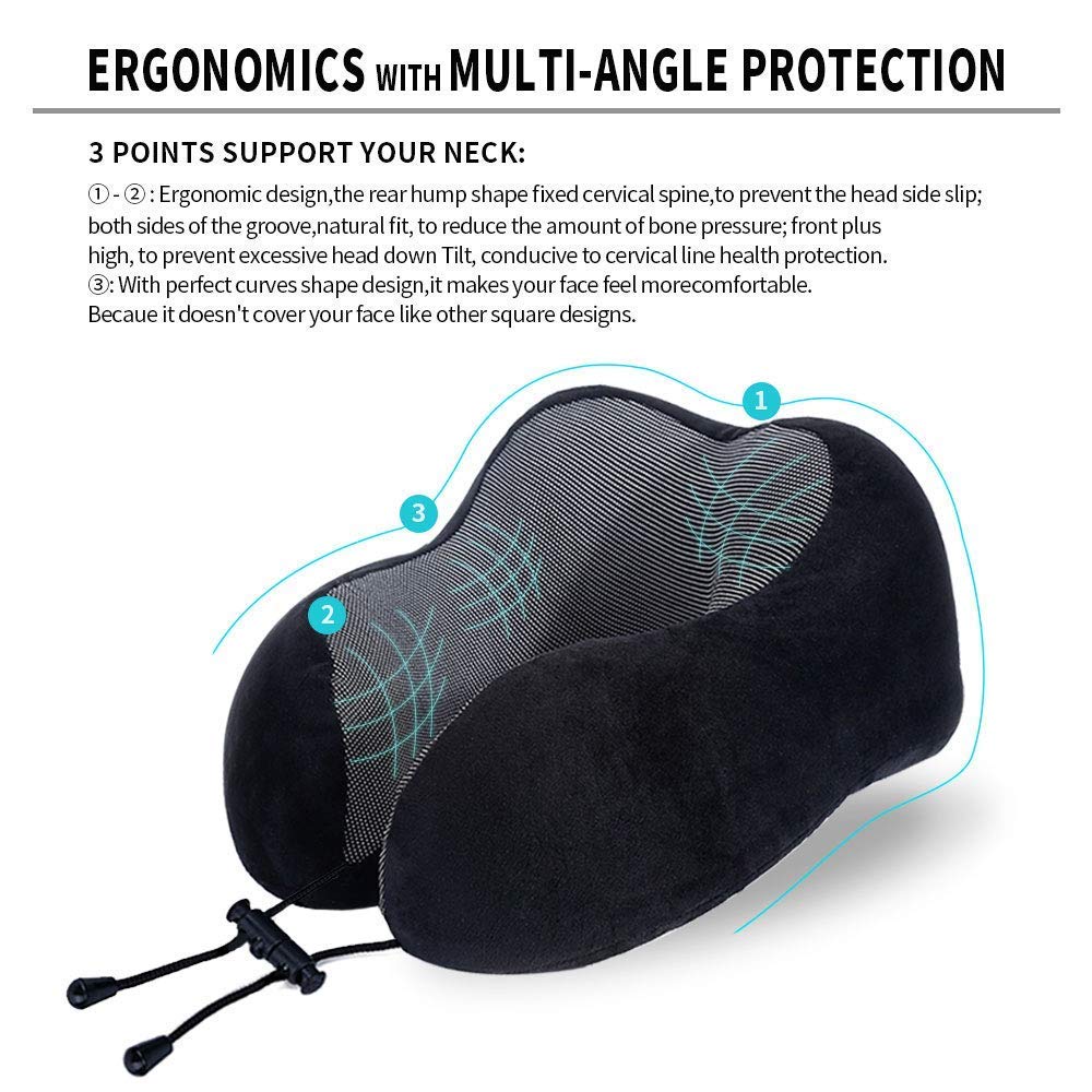 Memory Foam Travel Neck Pillow – U Shape Head & Neck Support Cushion for Airplane, Car & Office – Soft Washable Cover (Black & Blue)