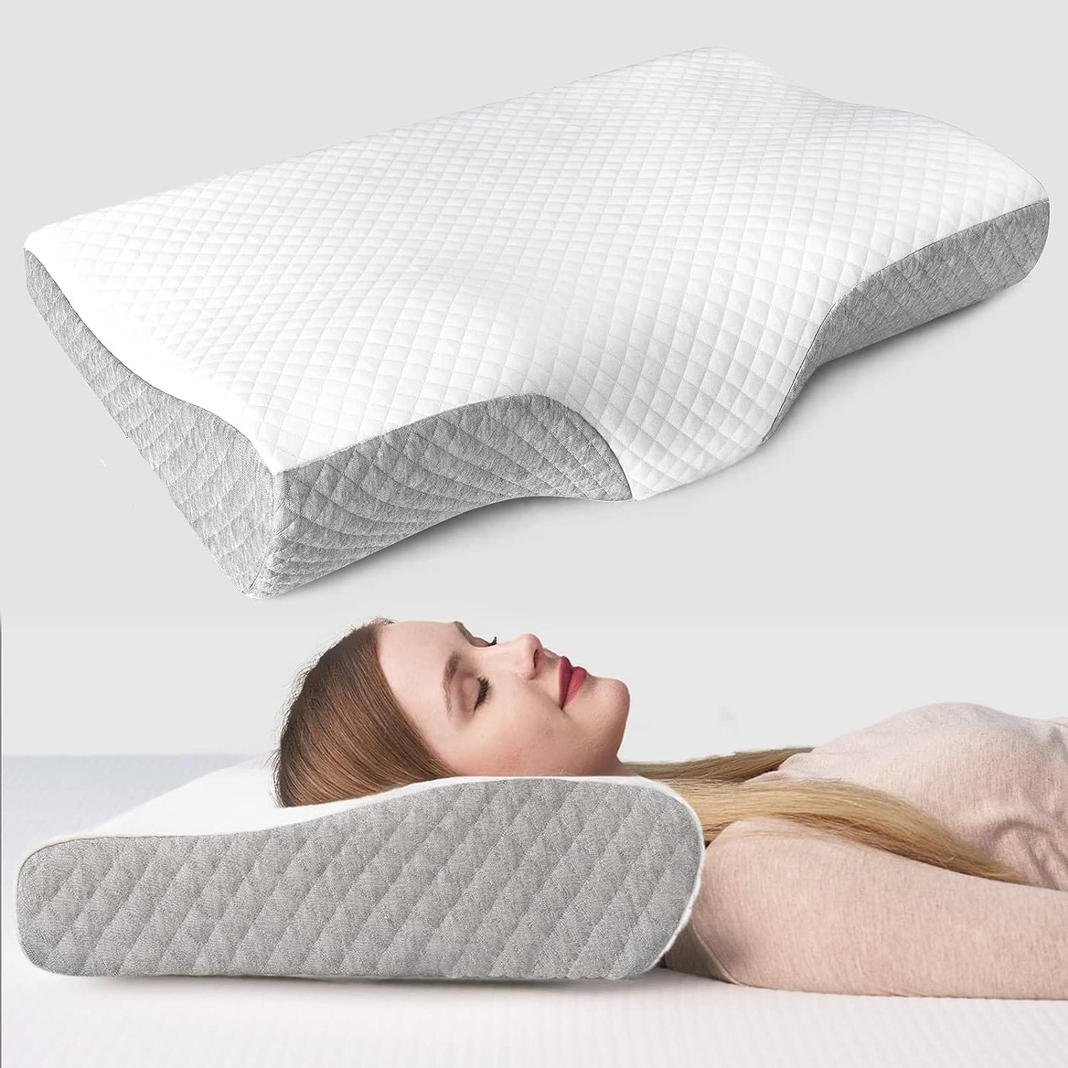 Memory Foam Pillow Contour Cervical Orthopedic Supports Neck Pain and Shoulder Pain for Sleeping, Ergonomic Cervical Pillow Neck Support Pillow for Side Back (Grey)